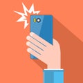 Taking selfie with flash. Hand with smartphone. Vector.