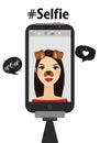 Taking selfie photo on mobile phone. Vector illustration. Hand hold monopod with smartphone and take photography. Beauty woman wit Royalty Free Stock Photo