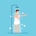 Taking a shower in bathroom. Flat illustration Royalty Free Stock Photo