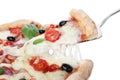 Taking slice of delicious pizza Diablo on background, closeup Royalty Free Stock Photo