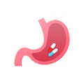 Taking stomach pills. Endoscope in stomach through esophagus. Vector stock illustration.