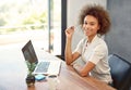 Taking on success on my terms. Portrait of a young woman working on a laptop at home. Royalty Free Stock Photo