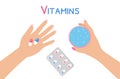 Taking vitamins pills. Medicine capsules in palm top view. Hands of woman Royalty Free Stock Photo