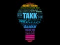 Takk (Thank You in Icelandic) light bulb Word Cloud in different languages