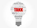 Takk Thank You in Icelandic light bulb Word Cloud in different languages