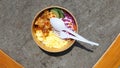 Takoyaki fillet chicken food with various vegetables and rice underneath Royalty Free Stock Photo