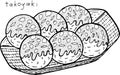 Takoyaki - japanese food ink illustration. Graphic black and white artwork. Coloring page for adults. Vector illustration