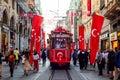 Taksim Istiklal Street is decorated with Turkish Flags. Turkish Republic Day celebration.