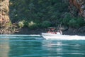 Talbot Bay, Australia - Sep 25 2010: Tourists enjoy thrill seeking rides through the Horizontal Falls, Australia