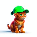 A tale of a cartoon kitten wearing a green baseball cap on a white background