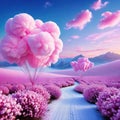 A tale landscape full of and cotton candy creates a whimsical and fantastical