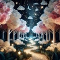 A tale of of paper cut cloud forest, come alive at night, pathway glows with stars and sparkles, painting art Royalty Free Stock Photo