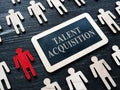 Talent acquisition concept. Small plaque and small wooden figures. Royalty Free Stock Photo