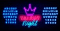 Talent night neon inscription. Crown icon. Celebrity competition. Shiny typography on brick wall. Vector illustration
