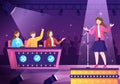 Talent Show with Contestants Displaying their Skill on Stage or Podium in Front of Judges Judging them in Cartoon Illustration