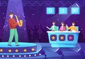 Talent Show with Contestants Displaying their Skill on Stage or Podium in Front of Judges Judging them in Cartoon Illustration