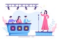 Talent Show with Contestants Displaying their Skill on Stage or Podium in Front of Judges Judging them in Cartoon Illustration