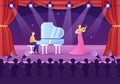 Talent Show with Contestants Displaying their Skill on Stage or Podium in Front of Judges Judging them in Cartoon Illustration