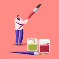 Talented Artist Tiny Male Character with Huge Brush in Hands and Paints Bottles Prepare to Create Painting Art Royalty Free Stock Photo