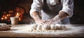 Talented baker expertly kneads dough for bread in bakery, with blurred background and text space