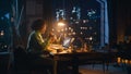 Talented Black Female Artist Working on Colourful Design of Sneakers in the Evening in Loft Office