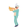 Talented boy artist of military orchestra cartoon character playing horn trumpet isolated on white Royalty Free Stock Photo