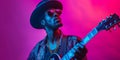 Talented, Charismatic Africanamerican Musician Rocks Guitar On Vibrant Neon Background Music Personified