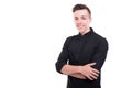 Talented chef smiling and posing on white background