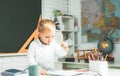 Talented child. Teachers day. School kids. Back to school. Kid is learning in class on background of blackboard. Royalty Free Stock Photo