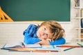 Talented child. Teachers day. School kids. Back to school. Kid is learning in class on background of blackboard. Royalty Free Stock Photo