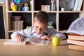 Talented child. Teachers day. School kids. Back to school. Kid is learning in class on background of blackboard Royalty Free Stock Photo