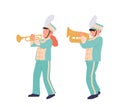 Talented children trumpeters cartoon characters artist of military music orchestra marching isolated