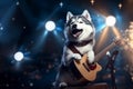 Talented dog, professional musician performing in neon light. The concept of music, hobby, festival, modern art collage. copy