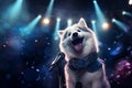 Talented dog, professional musician performing in neon light. The concept of music, hobby, festival, modern art collage. copy