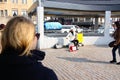 Talented Japanese street performer busking at the traffic lights