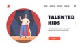Talented Kids Landing Page Template. Little Boy Artist Playing Role of King or Theater Stage with Red Curtains
