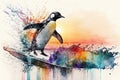 Talented little penguin surfing on a surfboard during evening hours