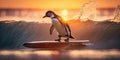 Talented little penguin surfing on a surfboard during evening hours