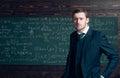 Talented mathematician. Teacher smart student intrested math physics exact sciences. Man formal wear classic suit looks Royalty Free Stock Photo