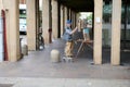 Retired male artist, senior man painter draws on canvas, standing in Freedom central square, piazza della liberta. Udine