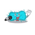 Talented singer of bacteria prokaryote cartoon character holding a microphone