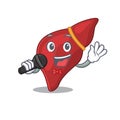 Talented singer of healthy human liver cartoon character holding a microphone