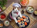 Talented Tabby Cat Chef Finishing Sushi Rolls Dish in the Kitchen Royalty Free Stock Photo