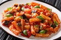 Talian Pasta Tortiglioni with eggplant, zucchini, pepper and basil in tomato sauce close-up in a plate. horizontal