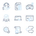 Talk bubble, Parking and Swipe up icons set. Credit card, Cogwheel and Seo marketing signs. Vector