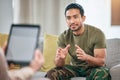 Talk, help and military man with therapist for counselling and support for mental health. Depression, consultation and Royalty Free Stock Photo