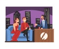 Talk Show with Celebrity Participants Sitting on Couch and Male Presenter Interviewing them Cartoon Style Vector