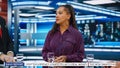 Talk Show TV Program: Portrait of Black Female Expert Argues with other Guests, Presenter, Host