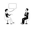 Woman and man are talking. Vector black outline image.