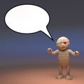 Talkative Egyptian mummy monster with a blank speech bubble, 3d illustration